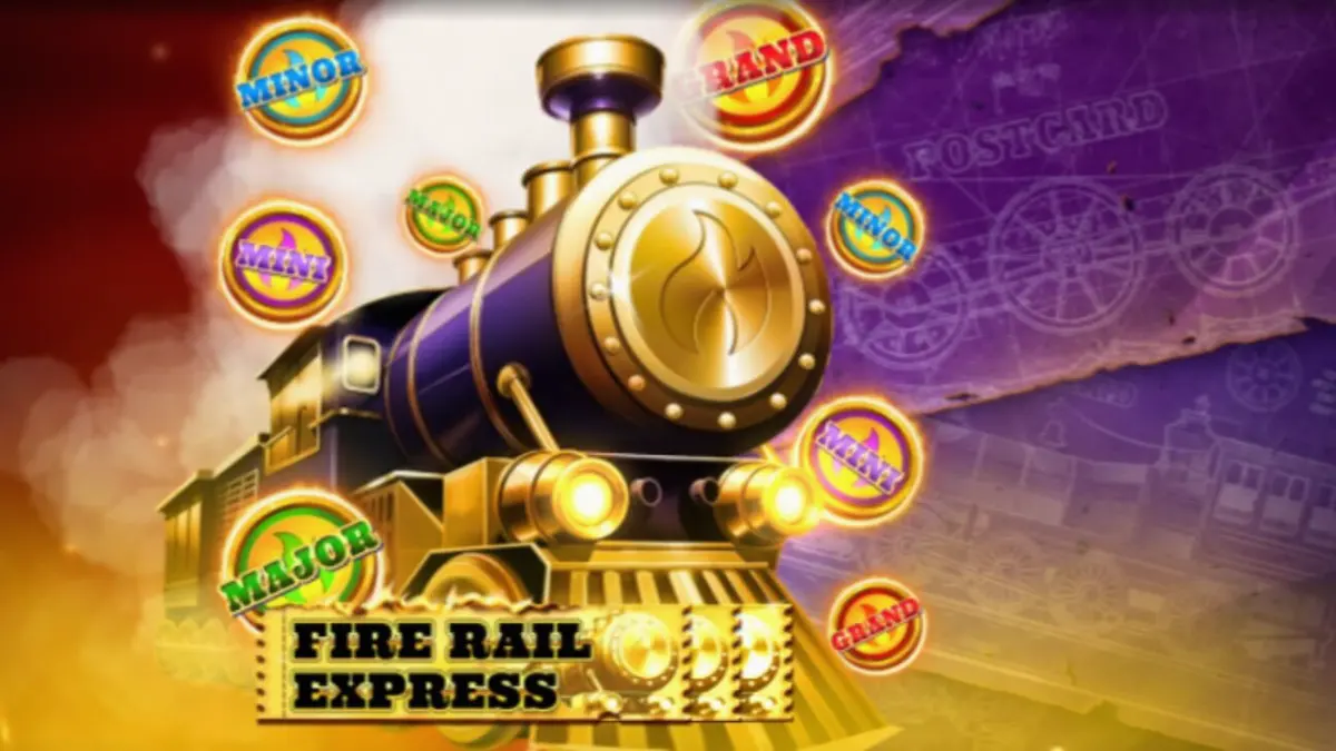 Locomotiva a vapor estilizada em um cenário industrial de slot machine