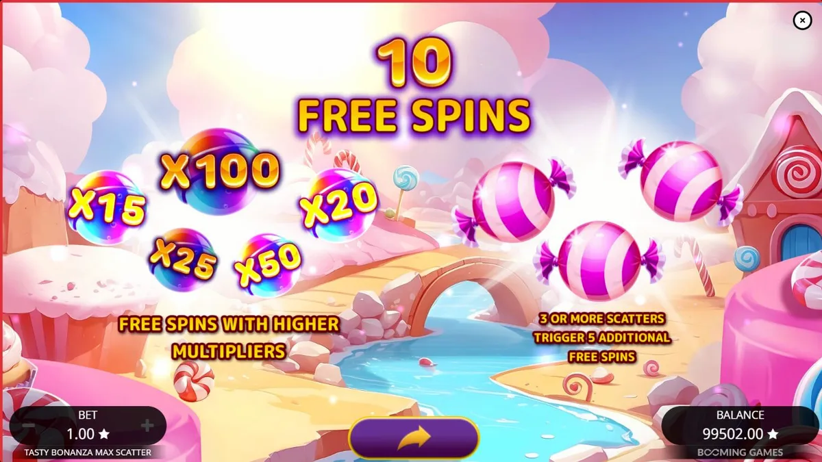 Interface colorida do slot Tasty Bonanza Max Scatter com doces vibrantes