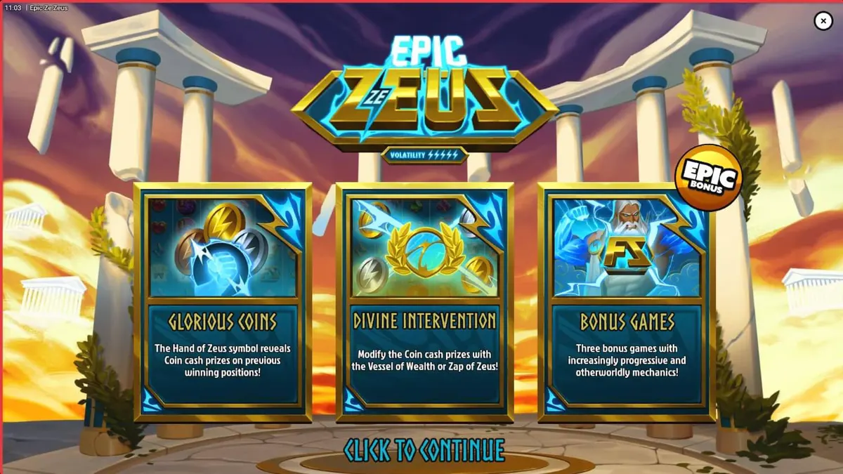O deus Zeus em destaque com raios e elementos da mitologia grega no slot Epic Ze Zeus