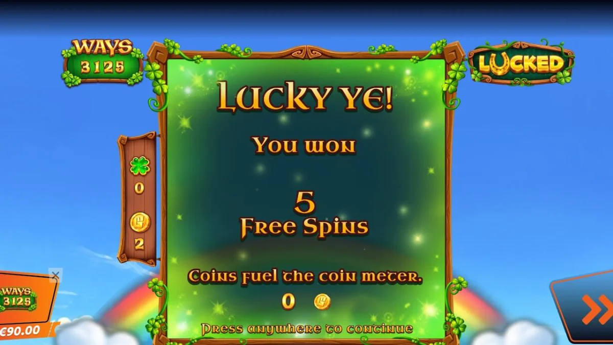 Interface vibrante do slot Lucked com grid expansível e tema de duende irlandês